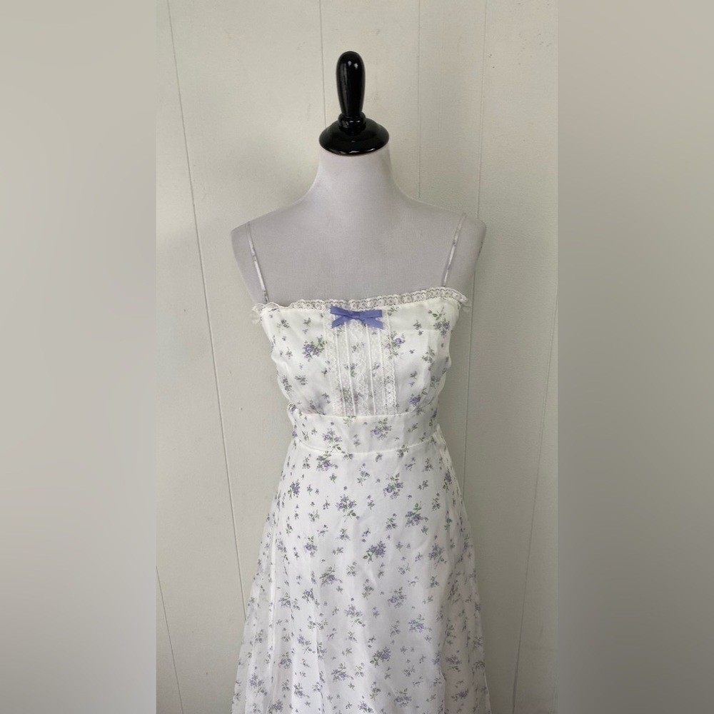 VTG 70s White Purple Chiffon Formal Dress Spaghetti Strap Bolero Lace Coverup XS - Picture 7 of 15
